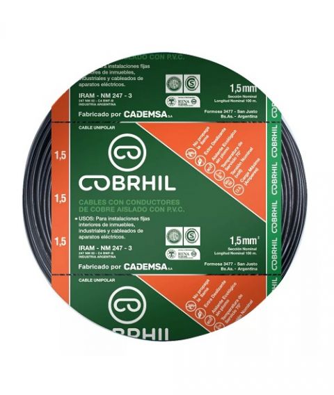 Cable unipolar Cobrhil negro 1.5 mm x rollo 100 mts