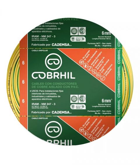 Cable unipolar verde / amarillo 6mm x rollo 100m Cobrhil